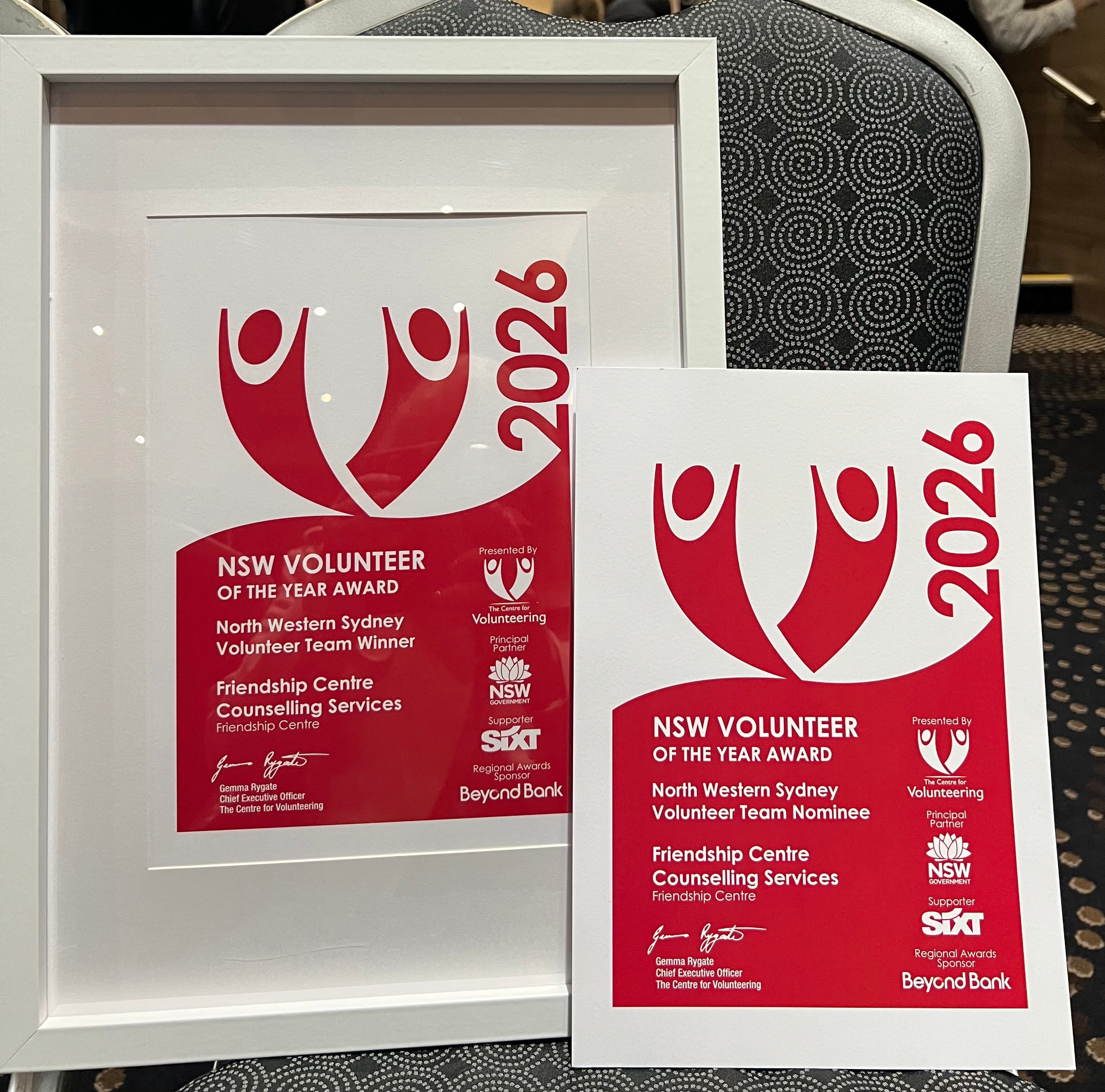 NSW Volunteer of the Year Award 2026 — North Western Sydney Volunteer Team Winner, Friendship Centre Counselling Services